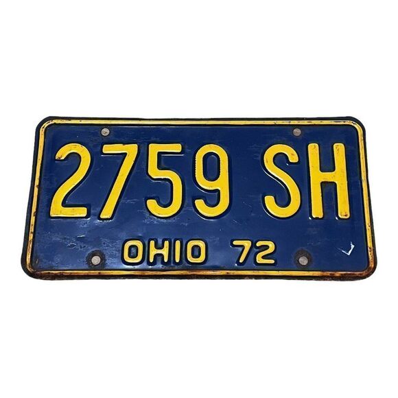 Vintage Ohio 1972 Collectible License Plate Original Tag # 2759 SH Blue Yellow - Picture 1 of 3